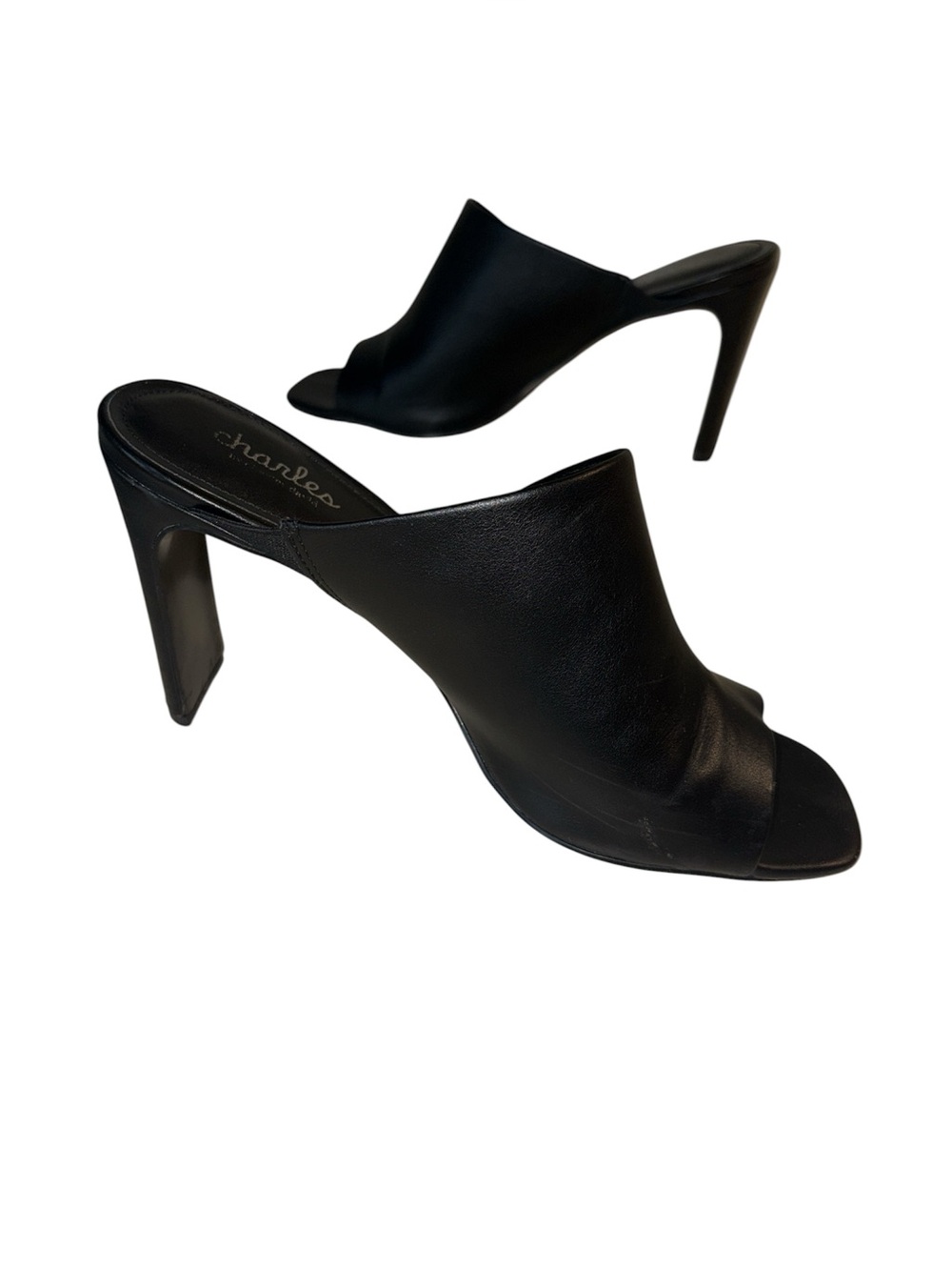 CHARLES & KEITH Black Leather Peep-Toe High Heel Mules 9